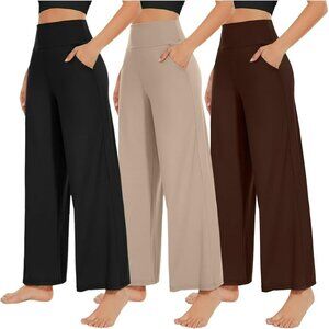 Set of 2  Wide Leg Pants High Waist Pull-On Style Black & Camel Pockets Size M